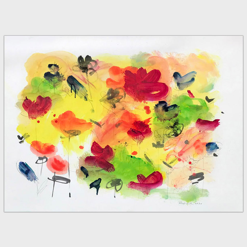 Original art for sale. Abstract painting depicting elements in a garden. Usage of colors and expressive strokes made this composition dynamic.
