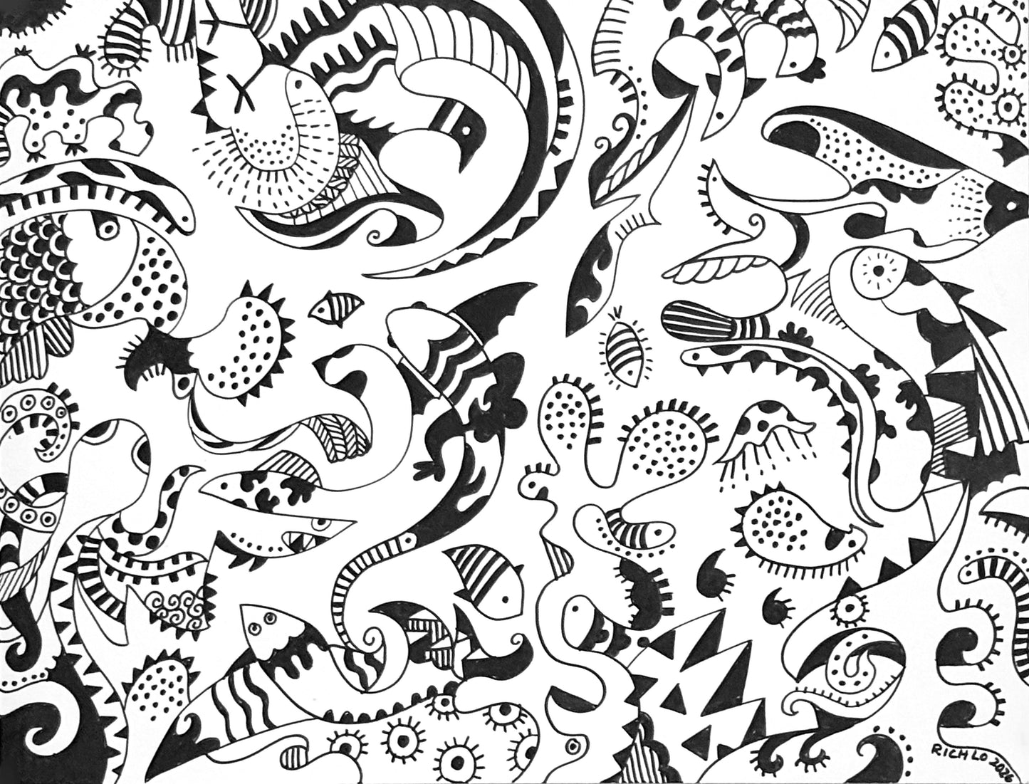 A densely packed black-and-white ink drawing that presents a fantastical menagerie of stylized creatures in a continuous, all-over composition.