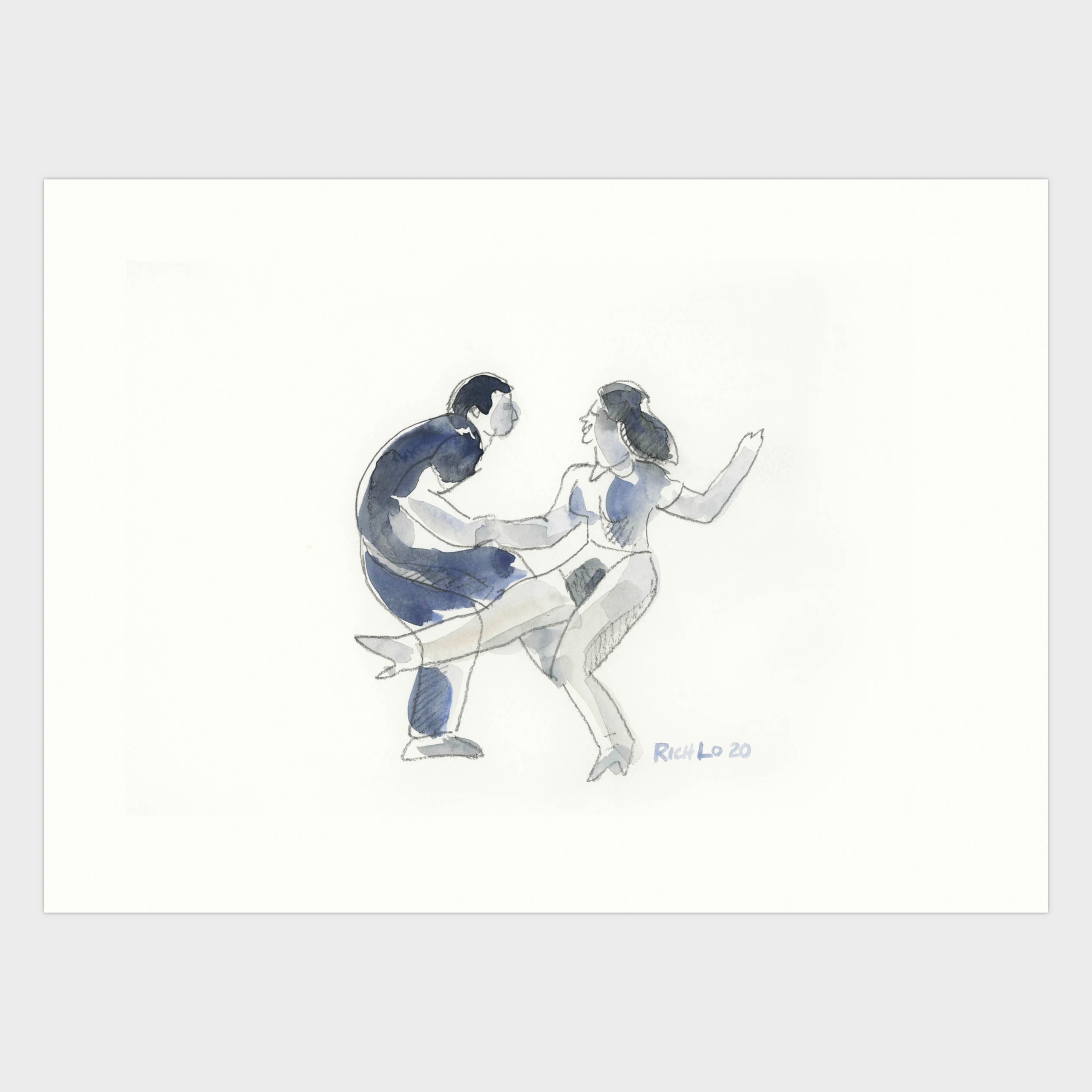 Original art. Playful line and washes of a couple dancing create a spirited composition.
