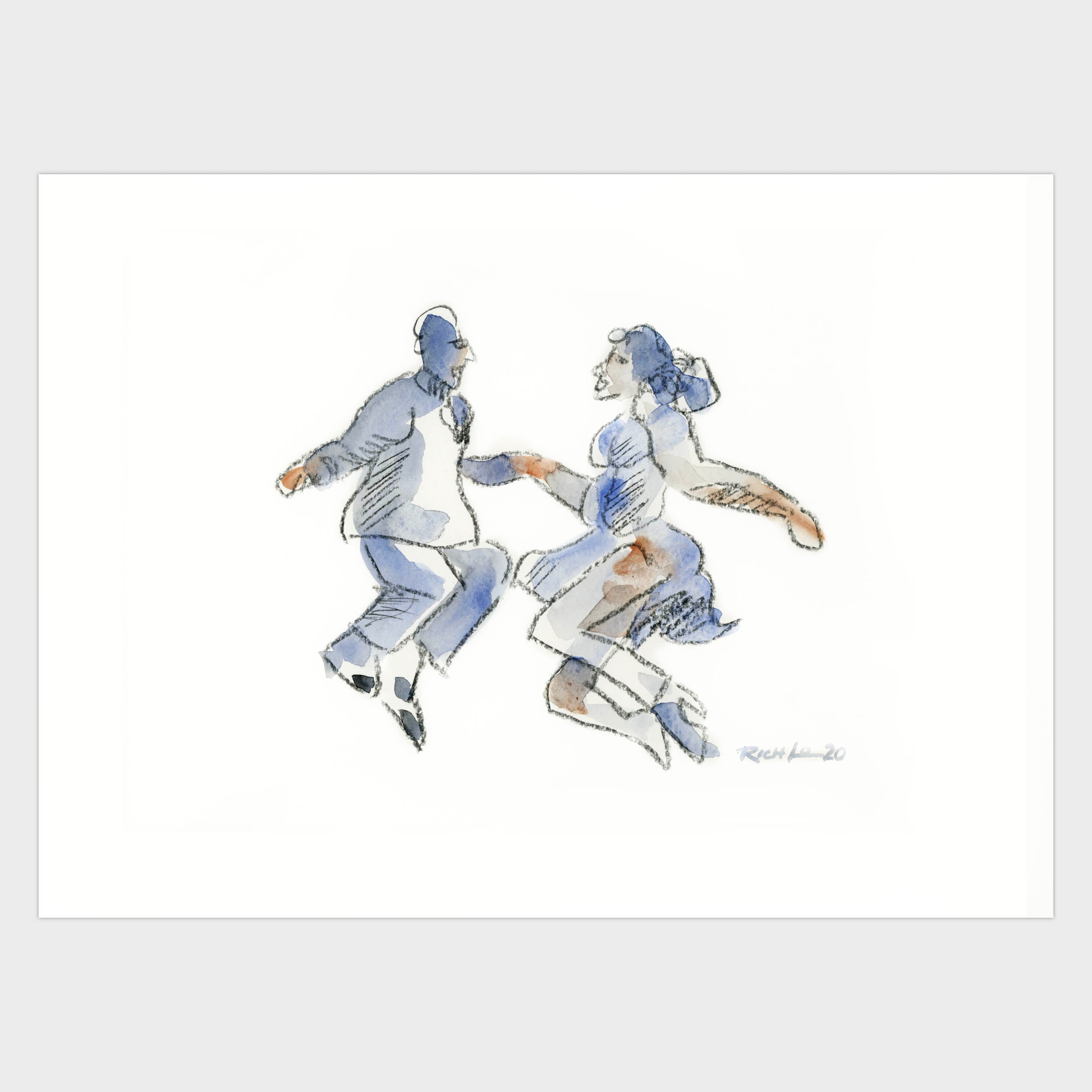 Original art. Playful line and washes of a couple dancing create a spirited composition.