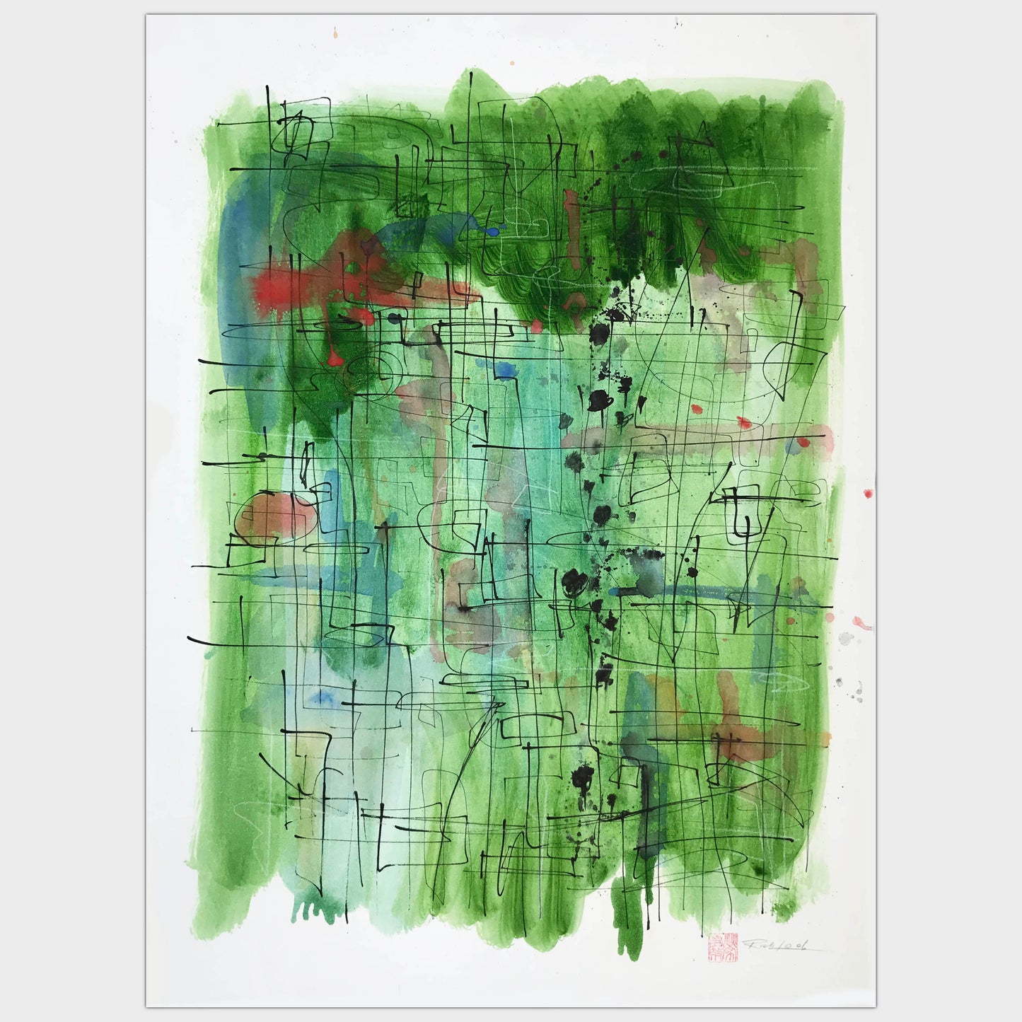 Original art for sale-Abstract expressive landscape of lines over oil wash