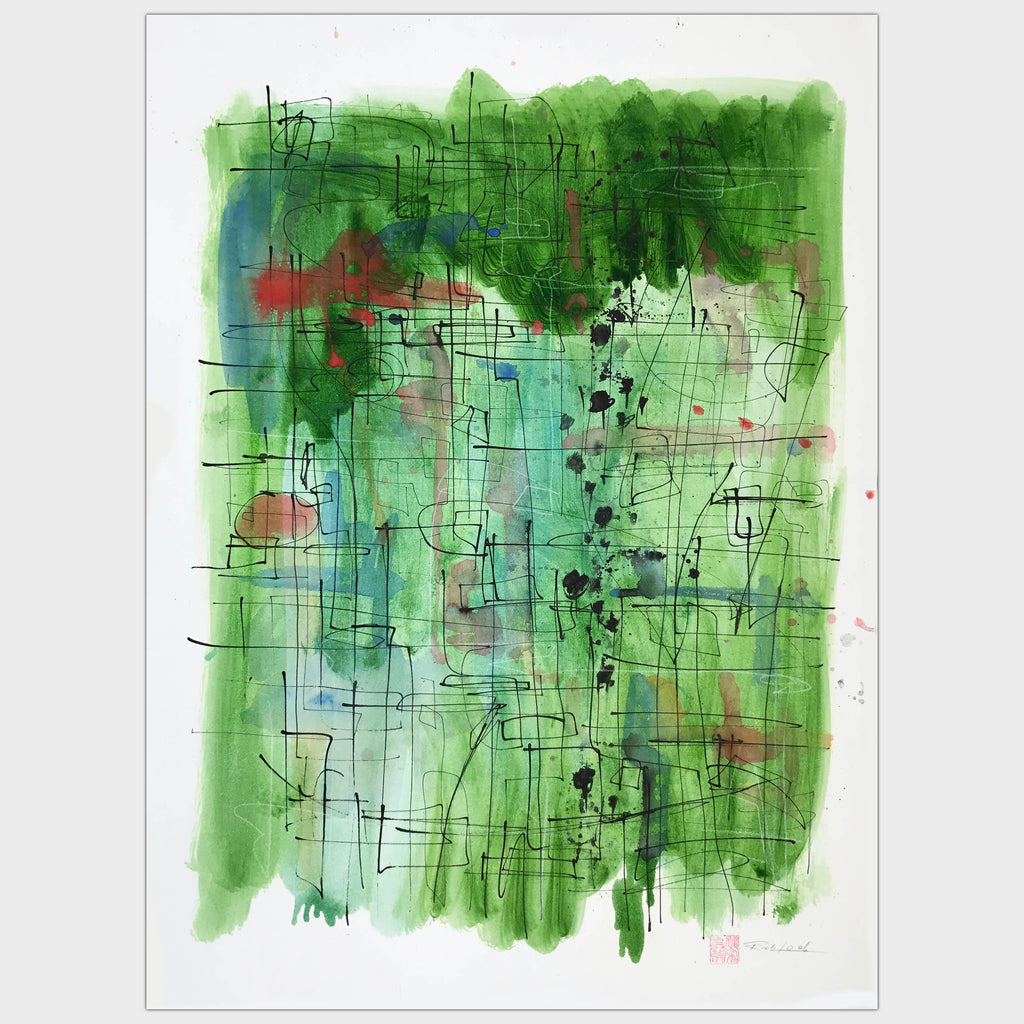 Original art for sale-Abstract expressive landscape of lines over oil wash