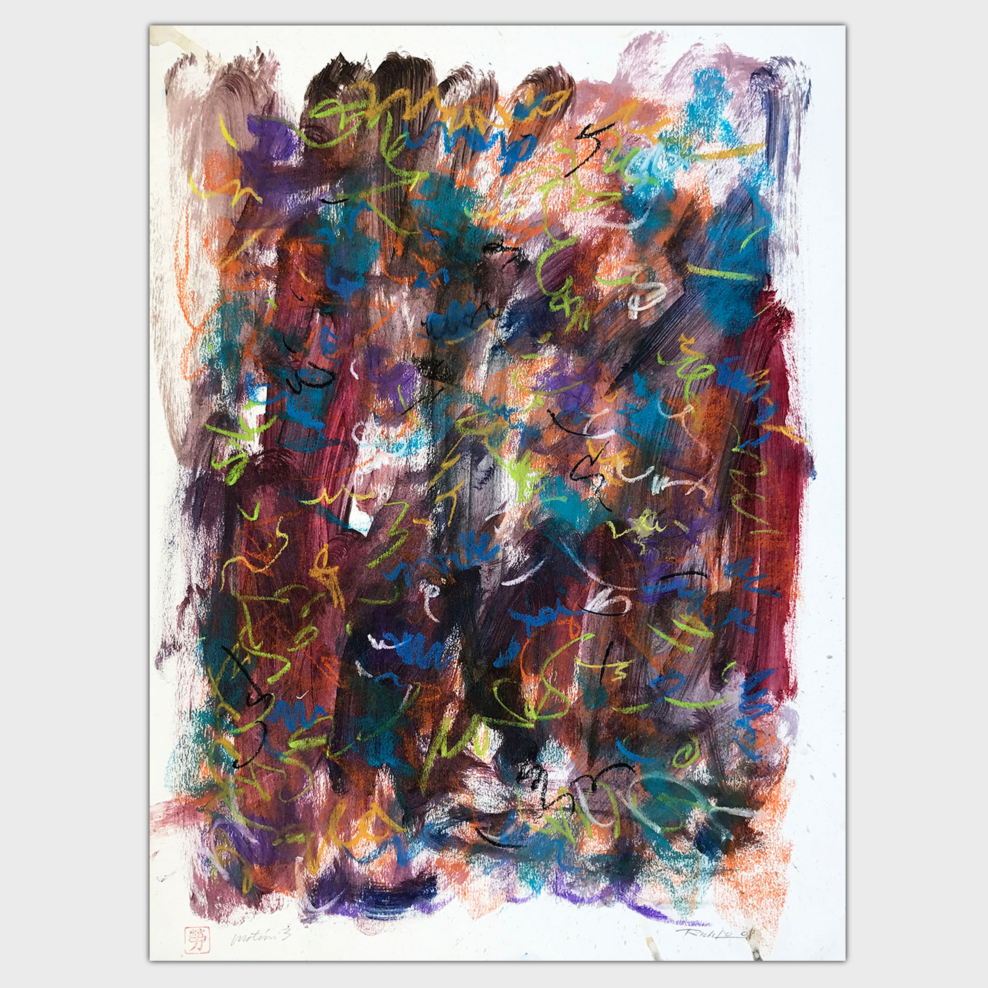 Original art for sale-Abstract drawing features a combination of pastel lines and oil wash