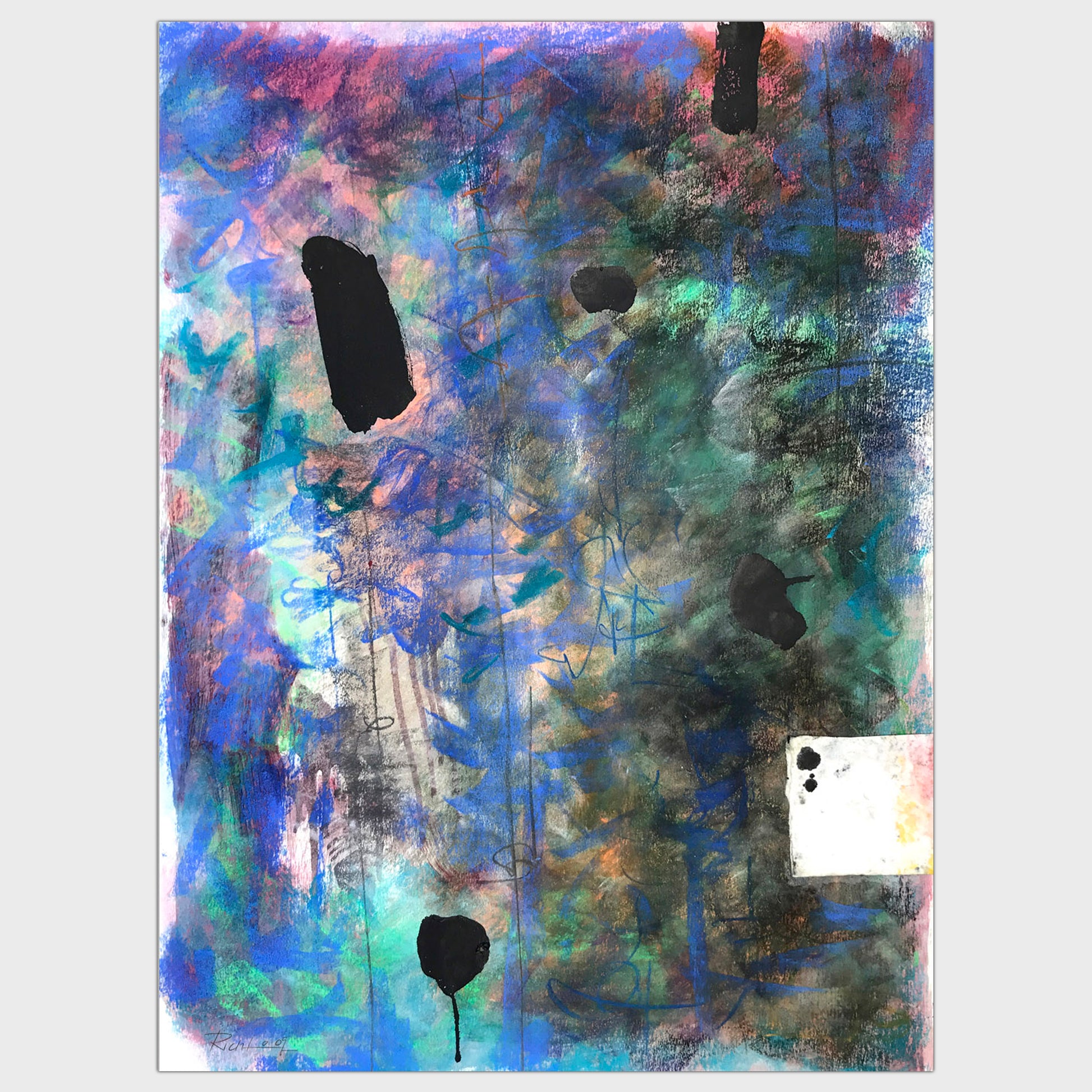Original art for sale-Abstract expressive pastel over oil wash and glued paper