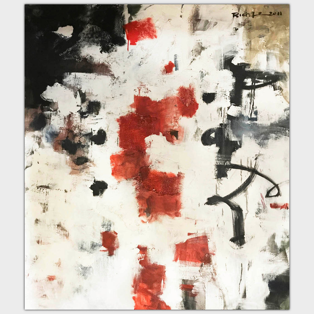 Original art for sale. Abstract composition of broad black and red strokes over white texture.