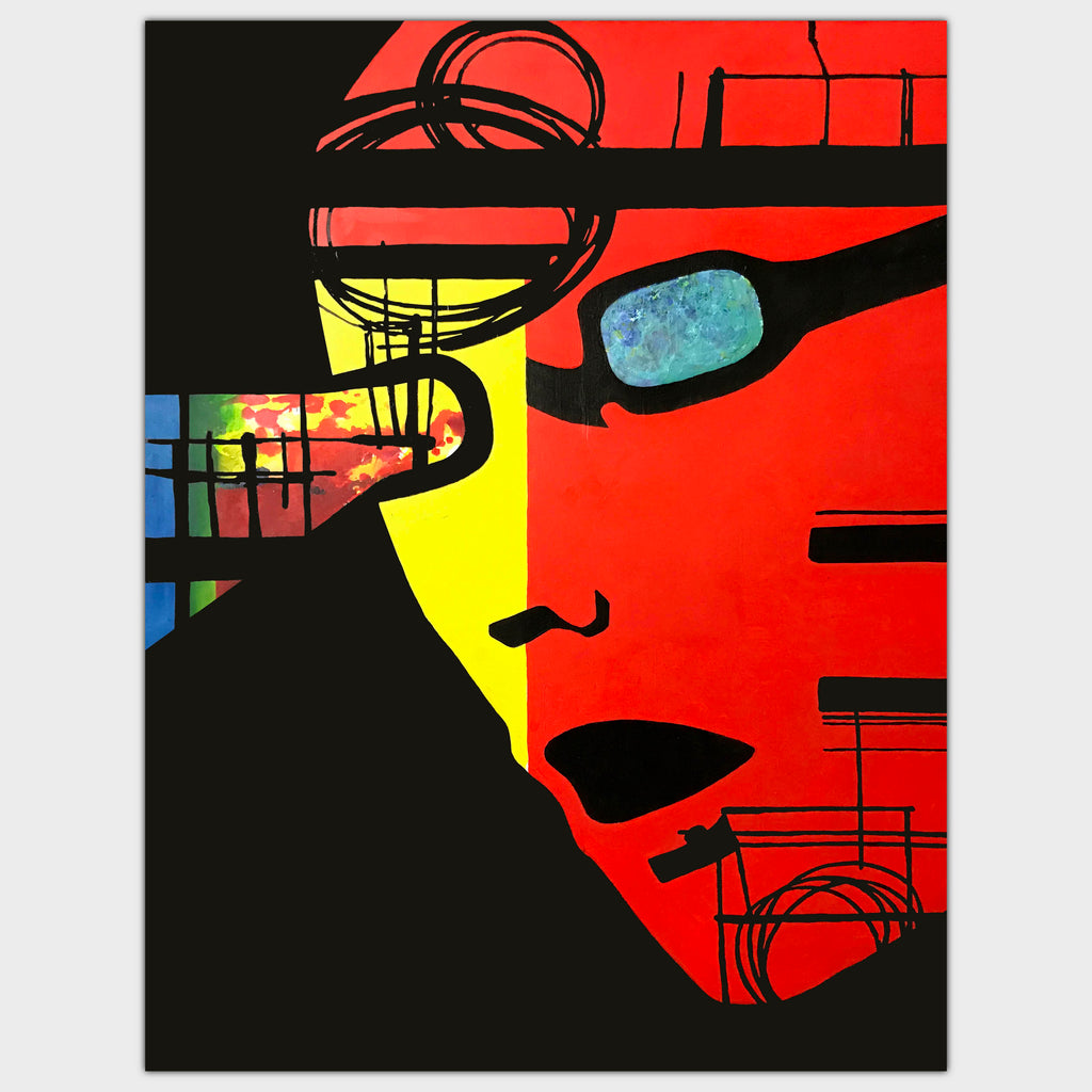 Original art for sale-Graphic surreal painting of a face with futuristic vision glasses